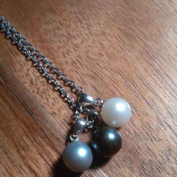 Various Color Pearl Sterling Silver Three Pendant Set Stainless Steel Necklace - Picture 10 of 10